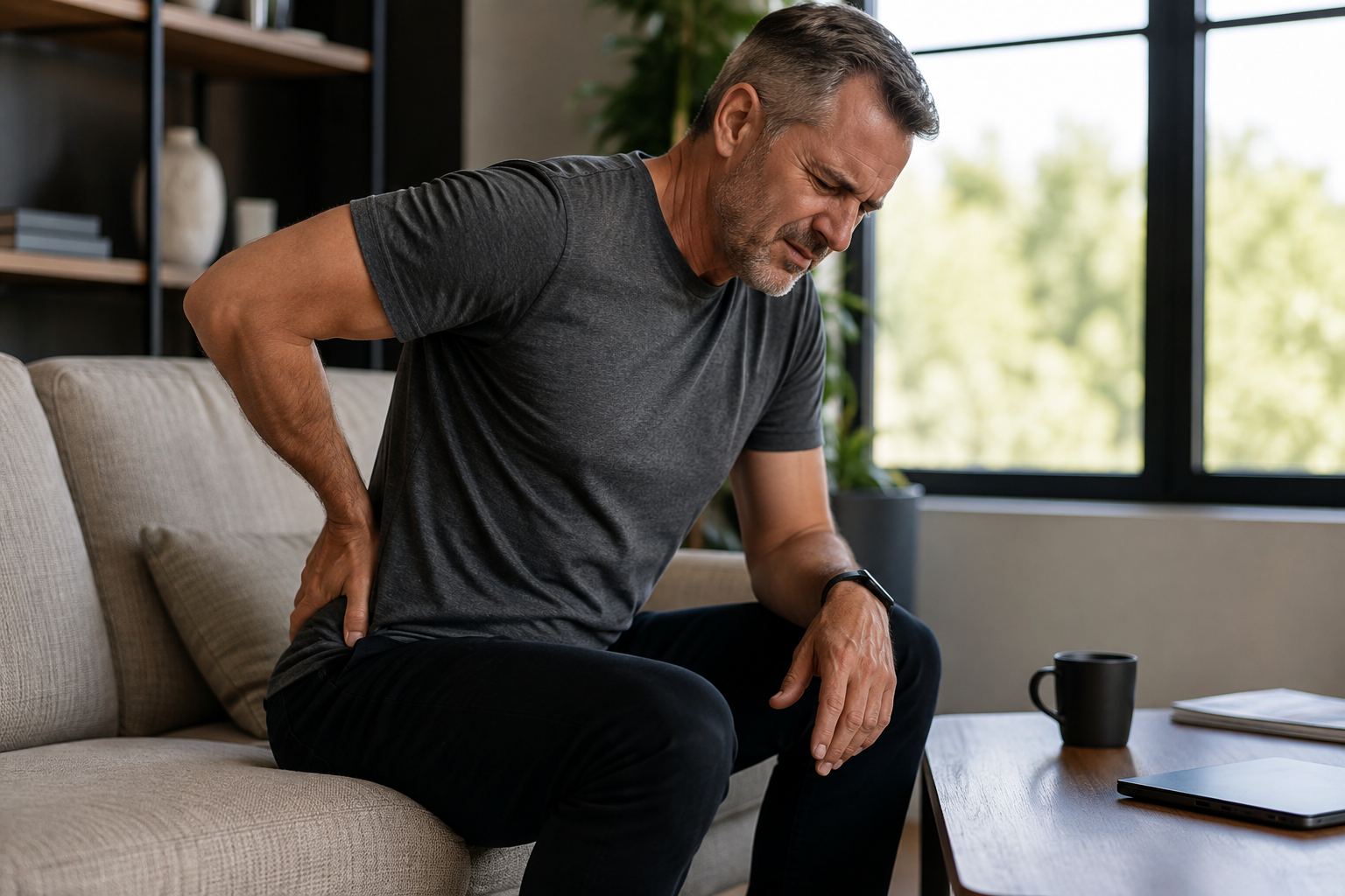 Man holding his lower back while sitting on a sofa